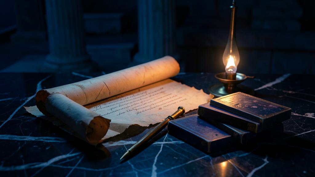 Rouleau de papyrus et tablettes de cire éclairés par une lampe à huile — reconstitution artistique