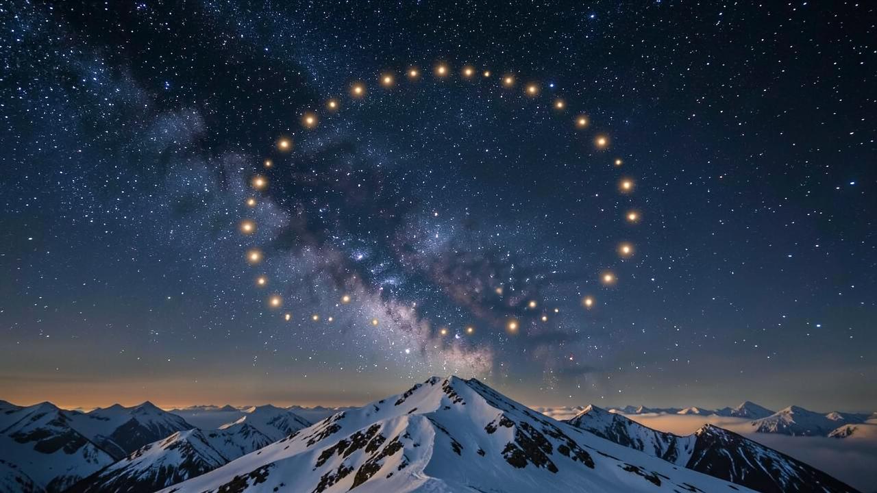 Ciel étoilé au-dessus des cimes de l'Olympe — reconstitution artistique